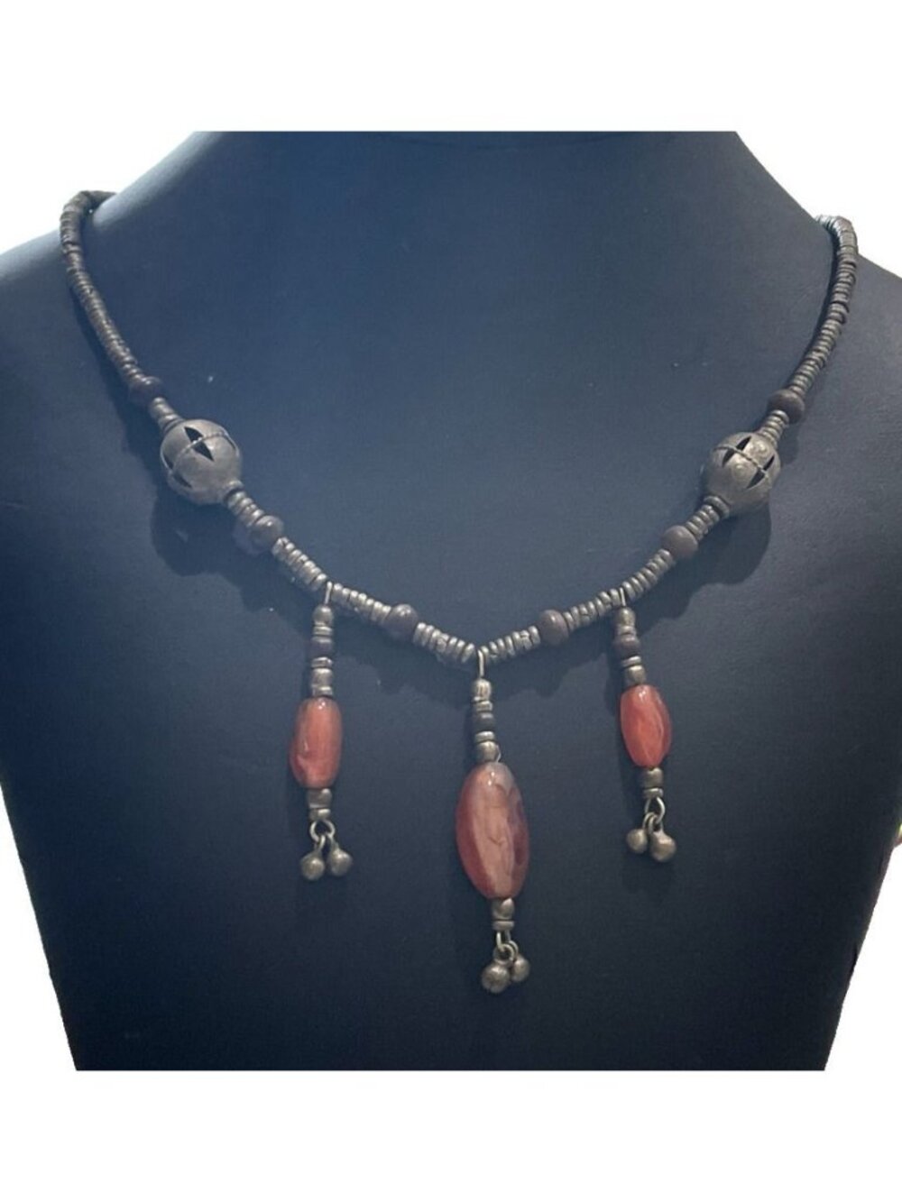 Vintage 20" Tibetan Tribal Necklace Carnelian Agate Filigree Prayer Beads Drops